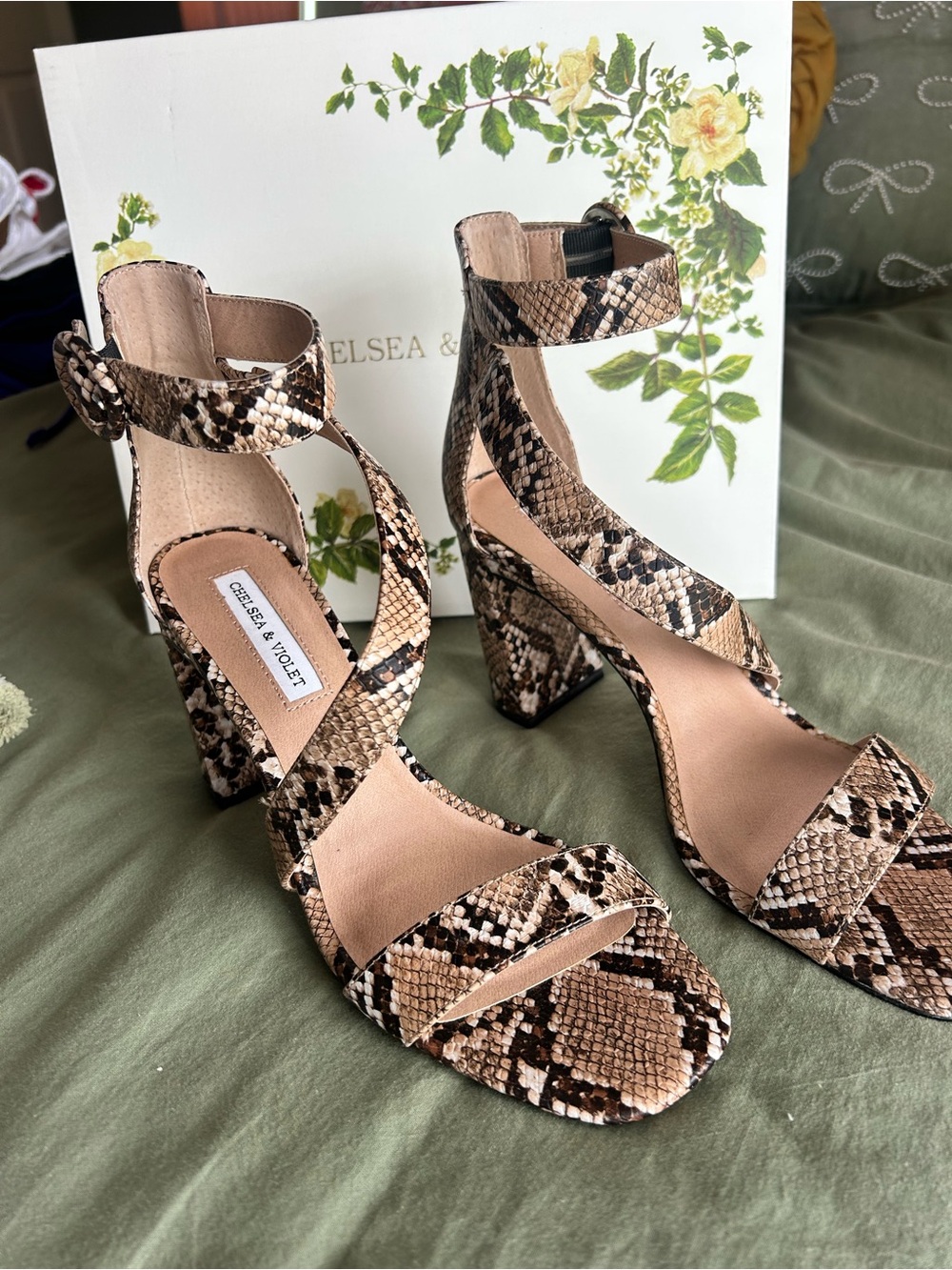 Chelsea & Violet Snake-Print Strappy Block Heel Sandals in Tan and Brown